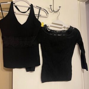 2 bebe Black Lace-Trim Tank M & Ribbed Lace Top S